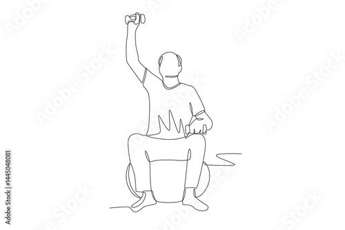 Old man lifting dumbbells on yoga balloon. Oldman exercise concept one-line drawing