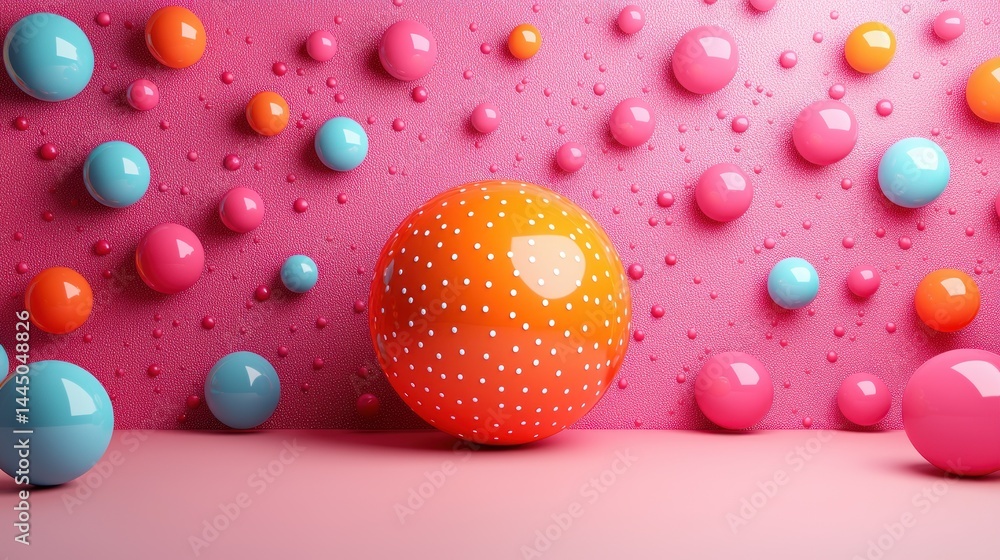 Colorful spheres on pink background, 3D render.