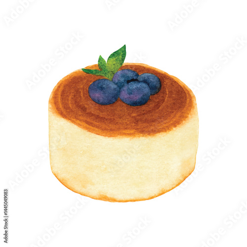 Watercolor illustration of a fluffy soufflé pancake topped with fresh blueberries and mint leaves. Ideal for cafe menus, dessert packaging, label, banner, or food-themed illustrations.