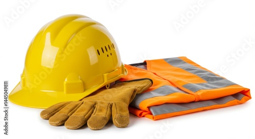 Construction safety gear including hard hat, gloves and safety vest for worker protection on the job site and workplace safety regulations