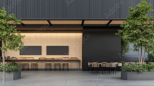Modern bakery shop facade featuring minimalist interior counter stools and decorative trees bright light