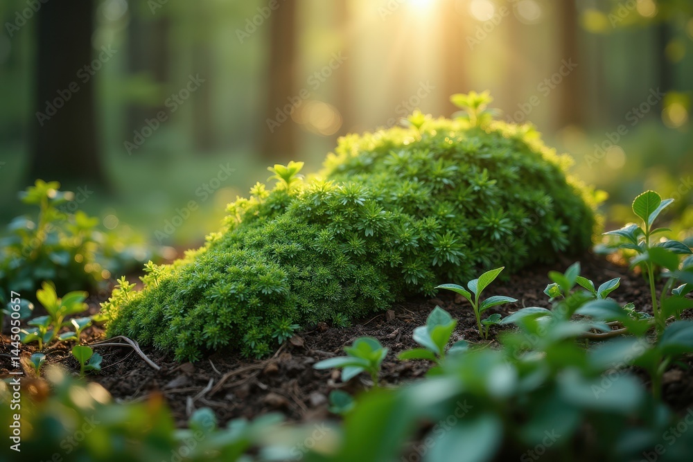 Moss covered floor with sunlight filtering trees
