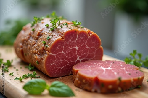 Cured meat arrangement with herbs on wooden board