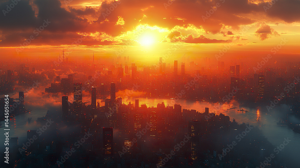 breathtaking cityscape dawn, filled with luminous haze and golden sunlight reflecting off breathtaking cityscape dawn, filled with luminous haze and golden sunlight reflecting off