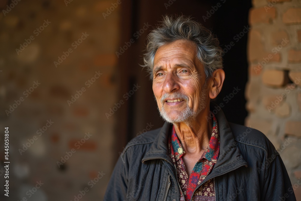 Elderly man smiling in rustic setting