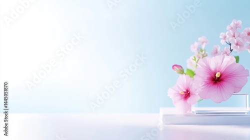 Delicate pink blossoms on a light blue background