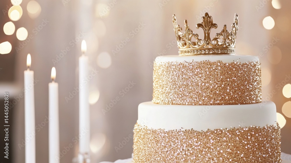 Festive birthday glitter cake covered in edible glitter, reflecting light with mesmerizing sparkle. Holiday crown sits atop, single, slim candle stands tall.