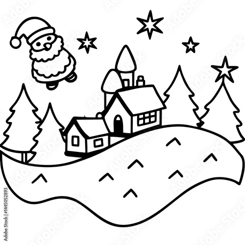 "Santa Flying Over Snowy Village Vector