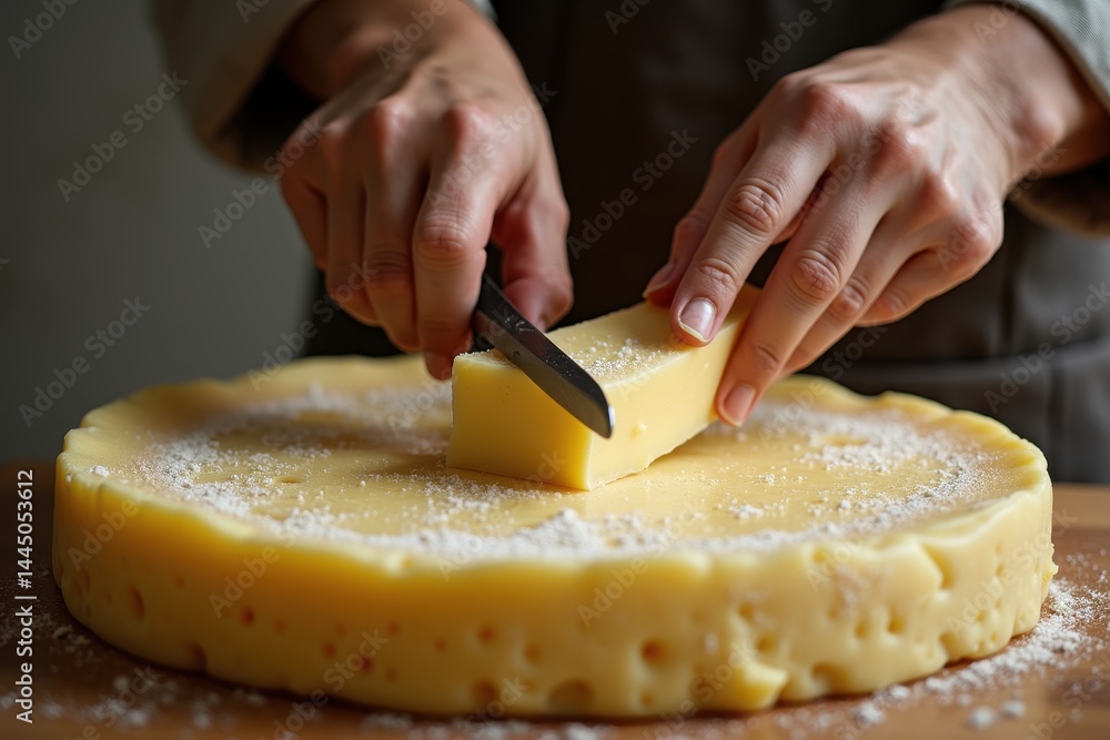 Cutting cheese wheel in rustic kitchen setting