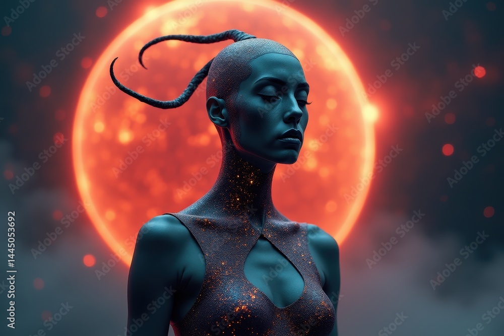Mystical woman with horns stands glowing sun in surreal night