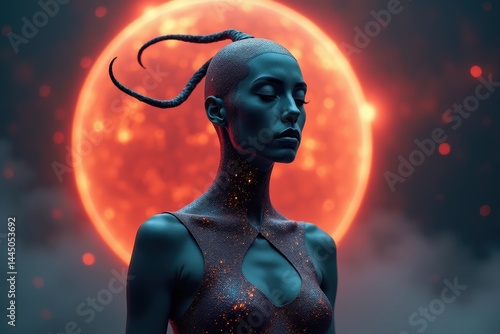 Obraz na płótnie Mystical woman with horns stands glowing sun in surreal night w salonie