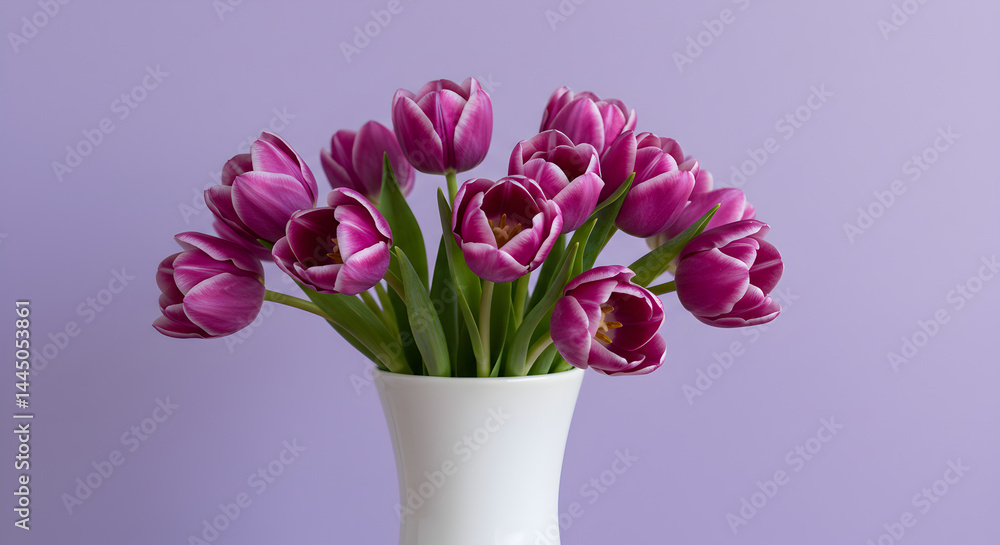 Fototapeta premium Purple Tulips in a White Vase Beautiful Spring Flower Bouquet isolated on transparent background