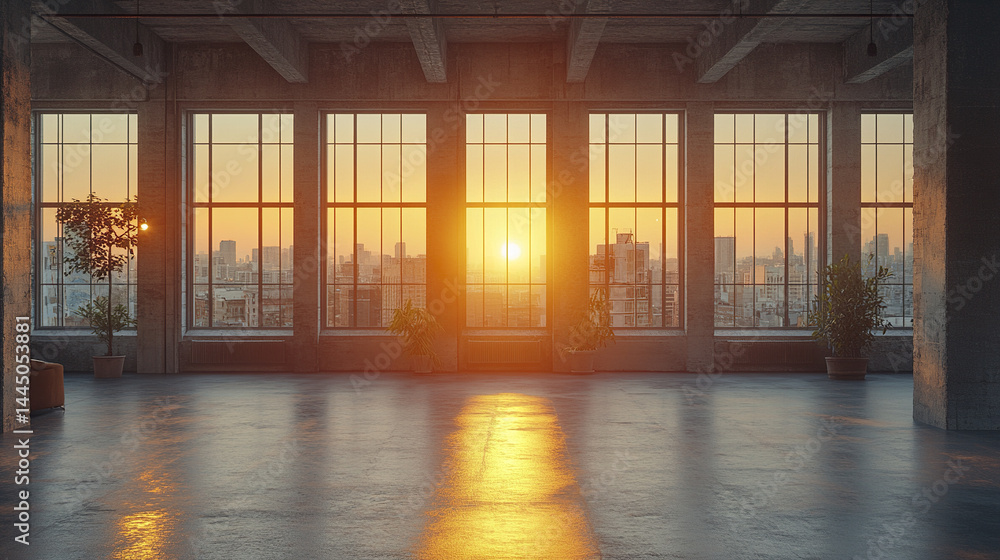 Fototapeta premium spacious urban loft with panoramic windows showcasing stunning sunset view, creating warm