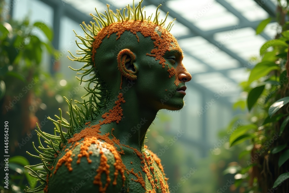 Person with plant-like body art in greenhouse