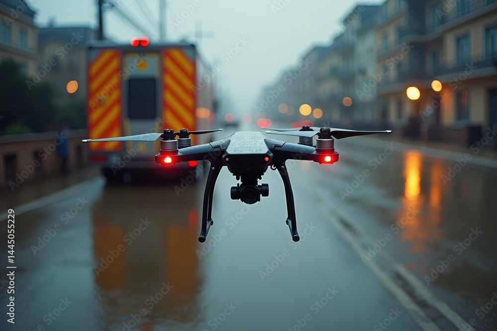 Drone capturing rainy city street: technology aid on wet roads