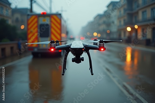 Obraz na płótnie Drone capturing rainy city street: technology aid on wet roads w salonie