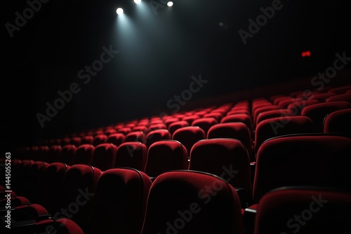 Rows of empty red theater seats spotlights