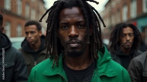 Black African American with dreadlocks with his gang on the streets