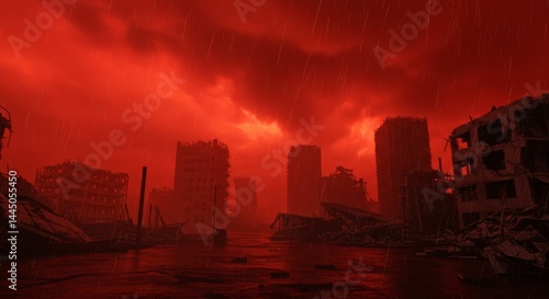 Apocalyptic cityscape with destroyed buildings under a red sky during a heavy rain creating a desolate and dramatic atmosphere for end of times