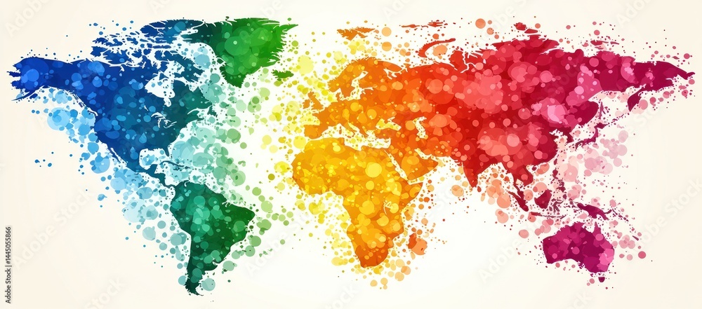 Colorful watercolor world map illustration.