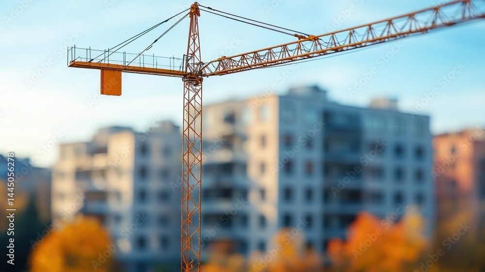 Construction crane against blurred backdrop of residential buildings under autumn sky.