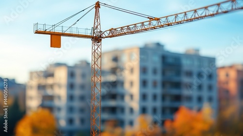 Obraz na płótnie Construction crane against blurred backdrop of residential buildings under autumn sky. w salonie
