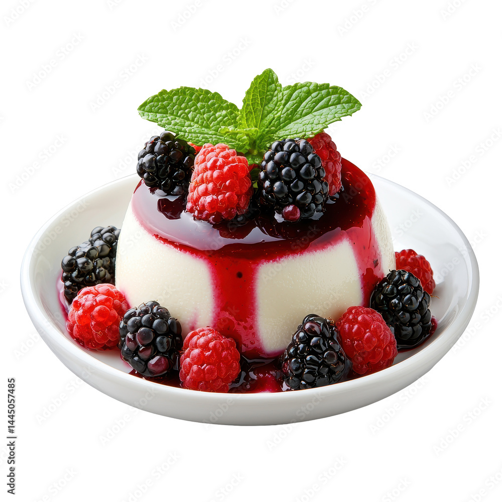 Delicious dessert panna cotta with mixed berries and fresh mint on transparent background, close-up, colorful and appetizing presentation, perfect for sweet treats. Delicious dessert panna cotta with mixed berries and fresh mint on transparent background, close-up, colorful and appetizing presentation, perfect for sweet treats.