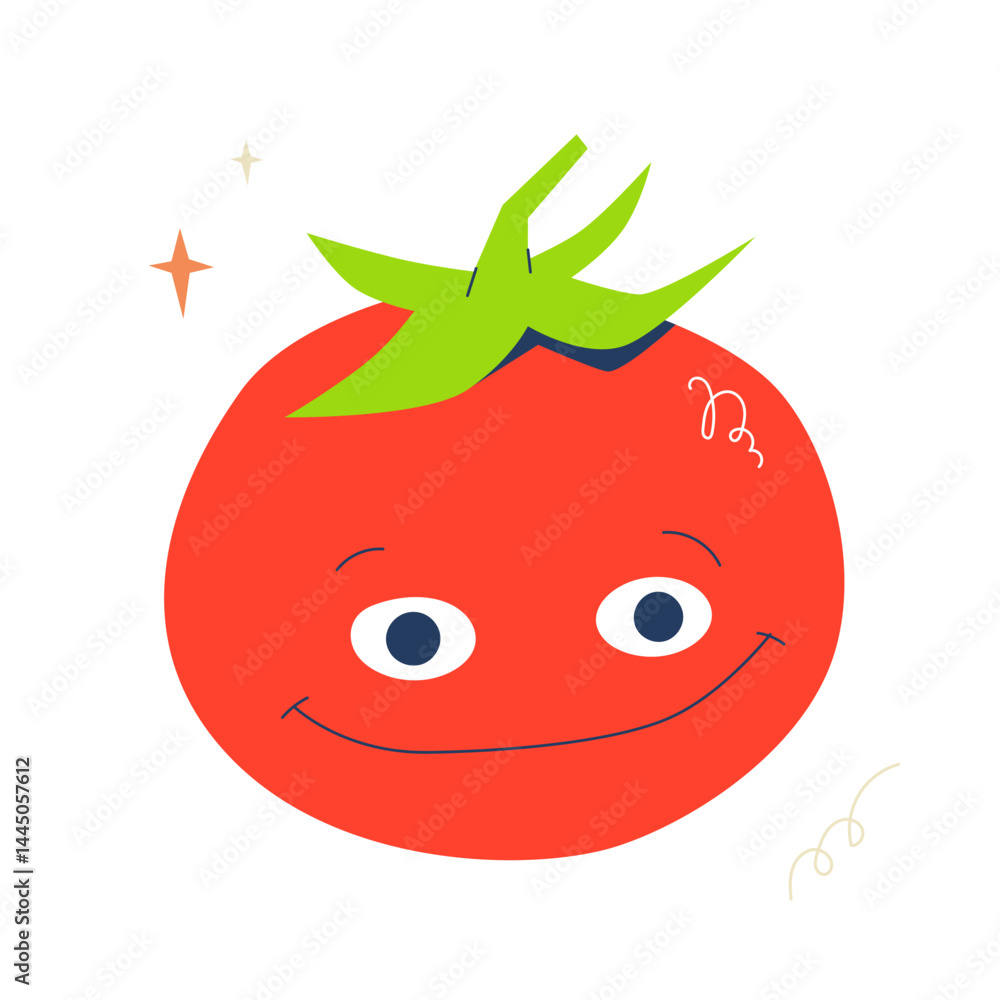 Obraz premium Funny smiling tomato character. Bright vector illustration for food design, children’s content, and healthy lifestyle projects