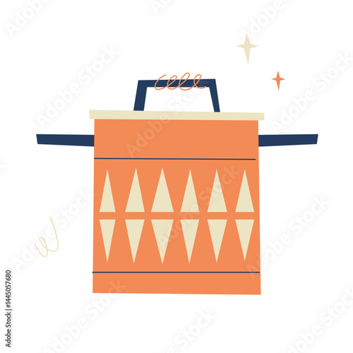 Flat vector cooking pot with retro geometric pattern. Colorful kitchen utensil for culinary, food, or restaurant design
