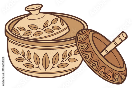47 Terracotta clay pot, decorative ceramic bowl, traditional earthenware, ornate lid, rustic kitchen utensil, warm brown tones, hand-crafted pottery, Mediterranean style, etched leaf pattern, rounded 