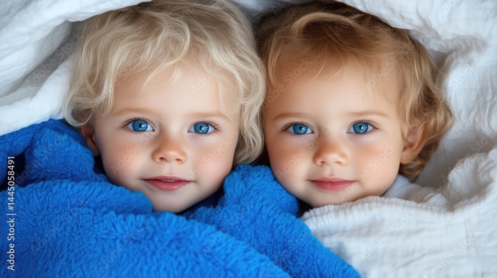 Twin toddlers wrapped in blankets, close-up of faces. Smiling, with bright blue eyes. Soft, gentle, and innocent Twin toddlers wrapped in blankets, close-up of faces. Smiling, with bright blue eyes. Soft, gentle, and innocent