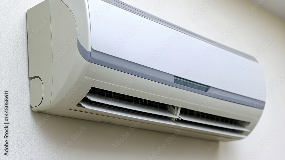 Ductless mini-split AC on a pale wall in a small cozy studio apartment with stylish touches Ductless mini-split AC on a pale wall in a small cozy studio apartment with stylish touches