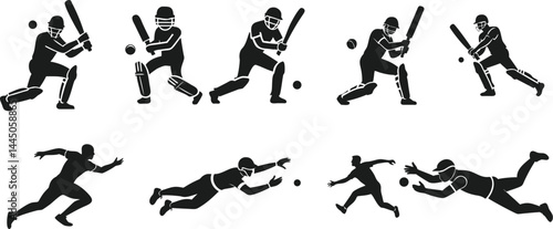Dynamic Vector Illustration of Cricket Players in Action - Energetic Set of Batsmen, Bowlers, and Fielders