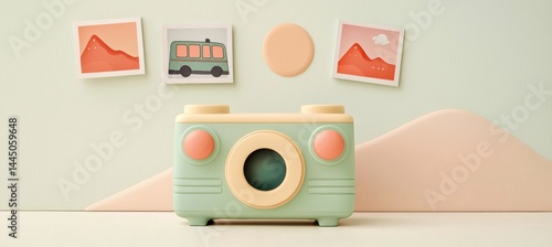 Sage green toy camera ejecting 3d photos on offwhite background