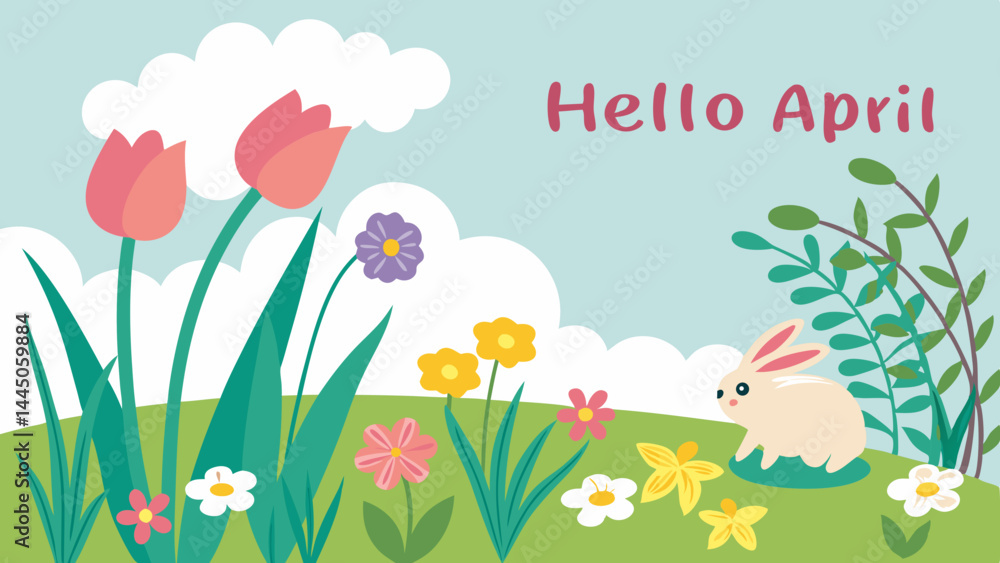 Hello April Bunny with Spring Flowers Cartoon Illustration. Hello April Bunny with Spring Flowers Cartoon Illustration.