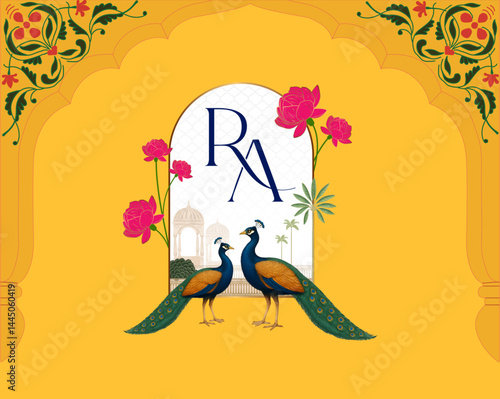 Royal wedding logo with RA monogram, peacocks beneath arch, Lotus and vibrant yellow traditional background 