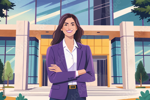 illustration vector of Happy business woman standing outside a office building