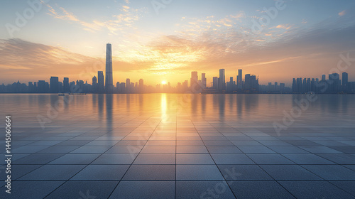 stunning panoramic view of city skyline at sunset, reflecting on tiled ground