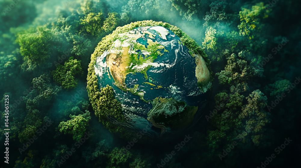 Fototapeta premium Ecofriendly planet earth lush green foliage renewable energy symbols corporate responsibility concept
