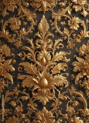 Golden damask floral background  Intricate leaf & flower motifs , illustration, decorative