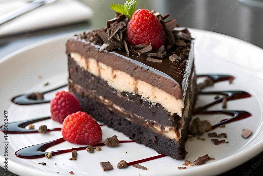 Decadent Chocolate Cake Slice with Ganache, Raspberries, and Rich Creamy Layers Decadent Chocolate Cake Slice with Ganache, Raspberries, and Rich Creamy Layers