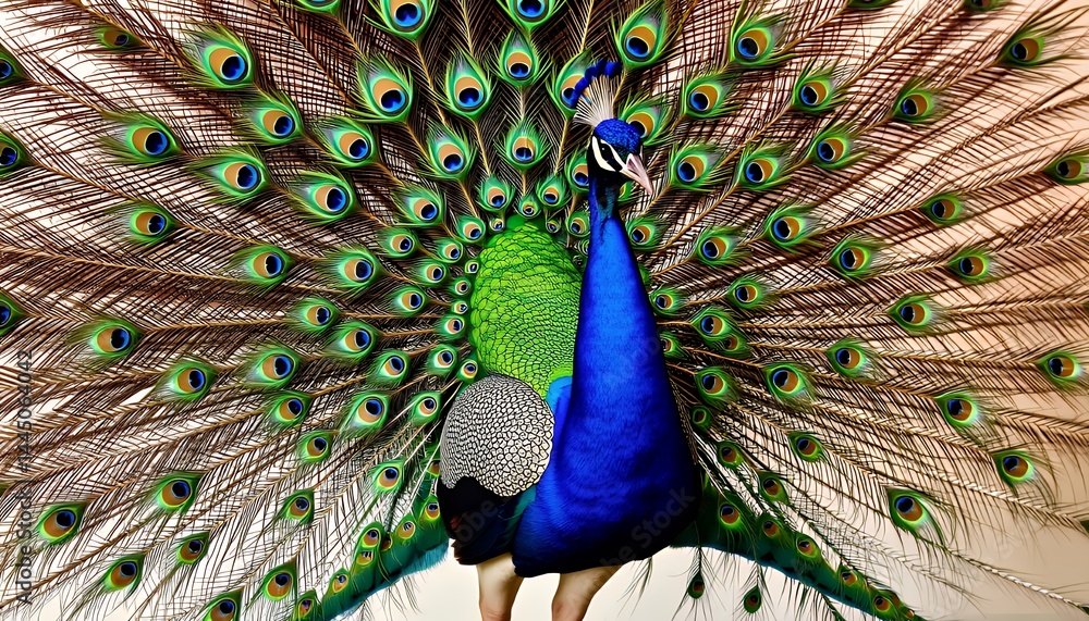 Obraz premium Close Up of a Peacock Displaying Blue Green and Gold Plumage Feathers in Full Display Creating Intricate Patterns Perfect for Decoration