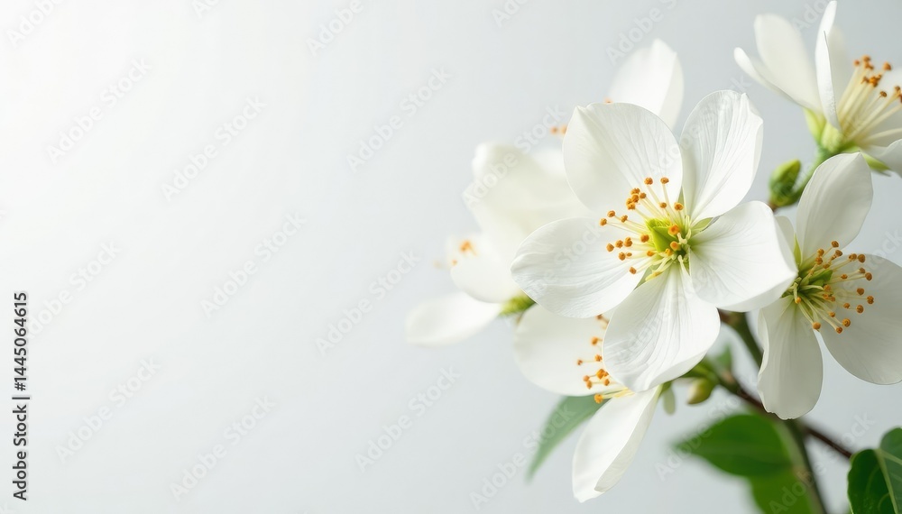 Fototapeta premium Delicate white flower blossoms against pure white backdrop, delicate, peaceful