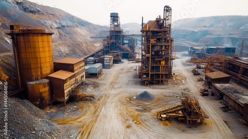 Overview of a large rare metals production complex showcasing several structures and heavy machinery. The location emphasizes industrial activity in a sprawling terrain with a dusty environment