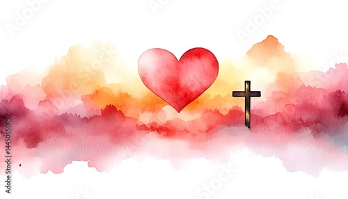 Watercolor sunset with heart and cross, symbolizing faith and love