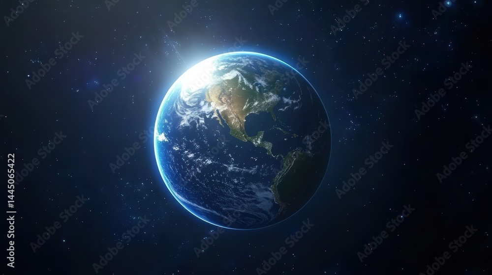 Earth in Space Breathtaking View of Planet Horizon Sunlight Stars Background Cosmos Science Earth in Space Breathtaking View of Planet Horizon Sunlight Stars Background Cosmos Science