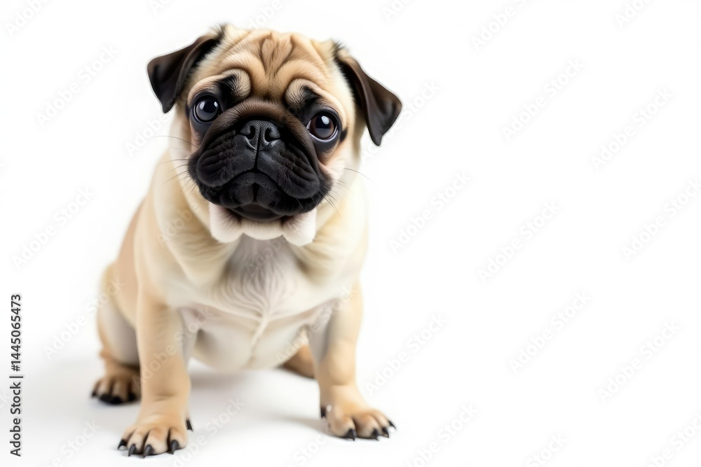 Adorable pug dog, isolated on white background, happy, face, illustration Adorable pug dog, isolated on white background, happy, face, illustration