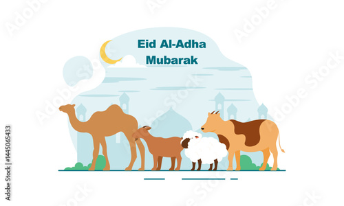 Happy Eid Al Adha Mubarak with Sacrificial Animals Illustration.