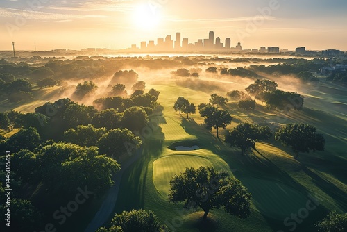 Sunrise over green golf course with morning fog, city skyline visible in the background