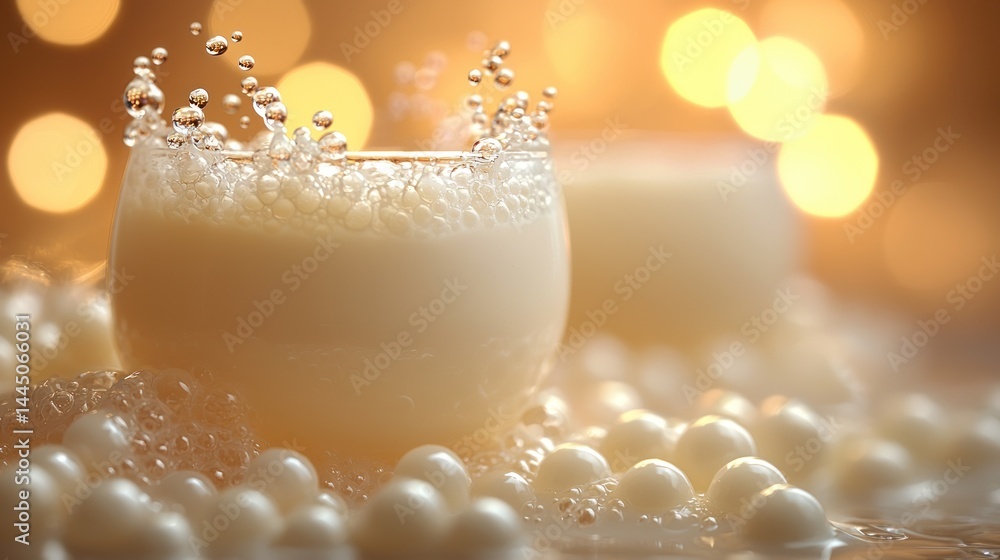 Creamy beverage in glass with splash, surrounded by white pearls, bokeh lights background.